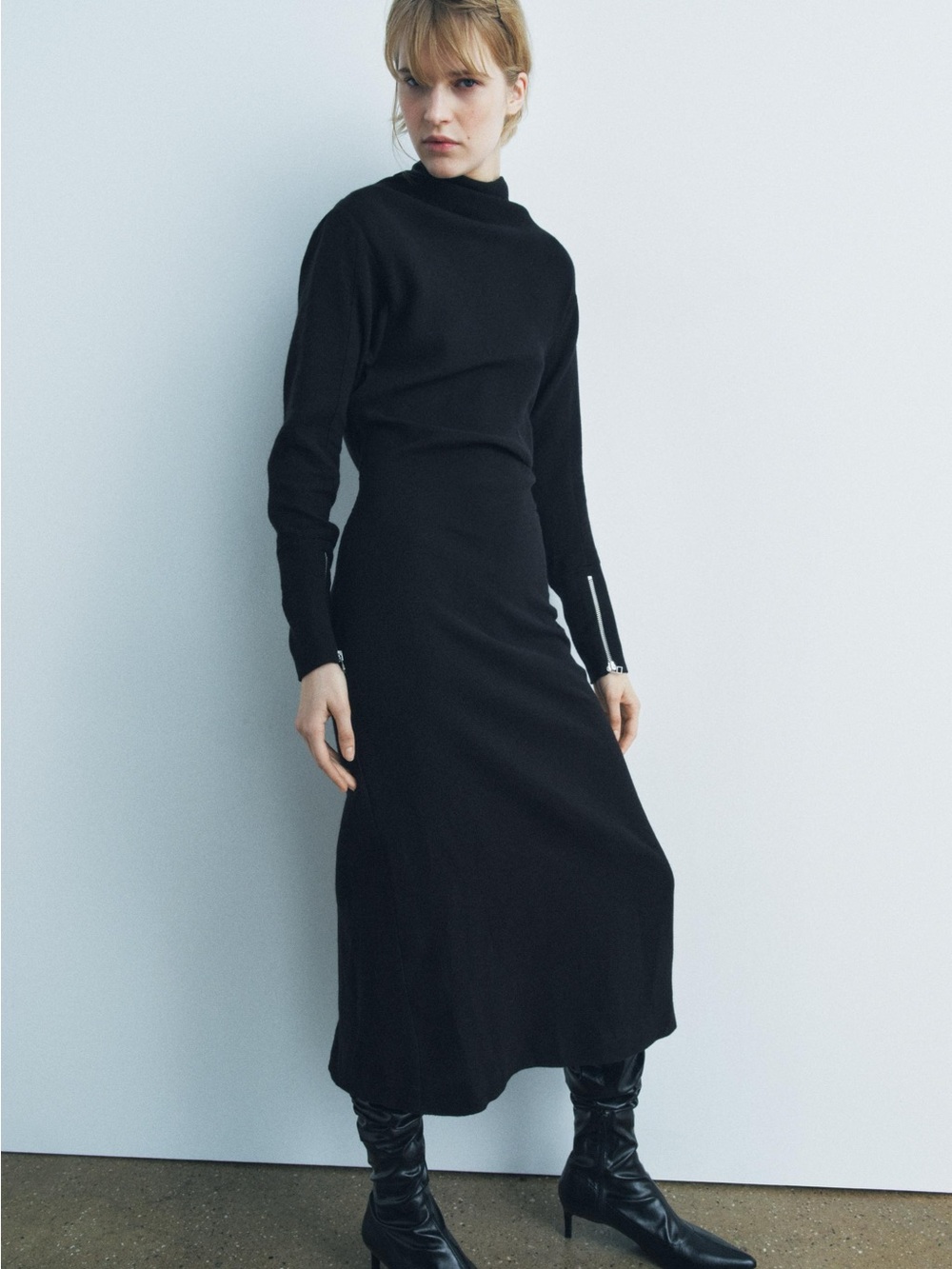 Zara Black Long-Sleeve Turtleneck Midi Dress with Zippers